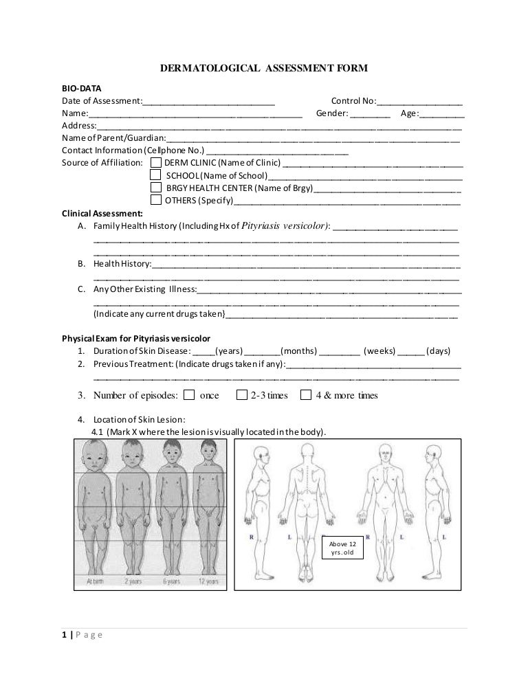 Dermatological Assessment Form Skin Disorder Dermatological Assessment Form Skin Disorder