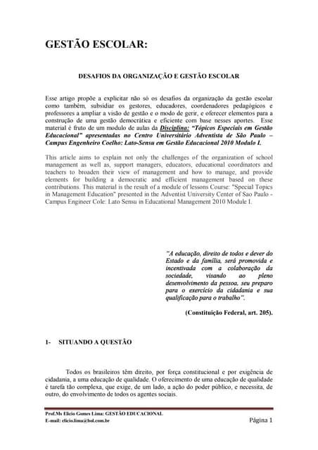 Desafios da organização e gestão escolar | PDF