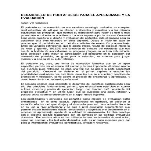 Desarrollo de portafolios para el aprendizaje y la evaluación- val klenowski