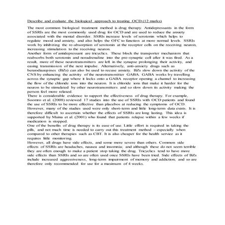 Describe and evaluate the biological approach to treating ocd