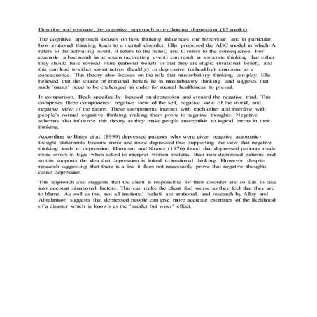 Describe and evaluate the cognitive approach to explaining depression