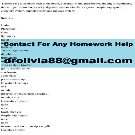 Describe the differences seen in the hydra, planarian, clam, grasshop.pdf