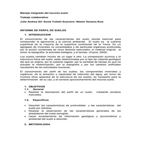 Descripción perfil del suelo caso de estudio garagoa