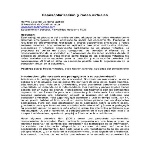 Desescolarizacion y redes virtuales  - Eduardo Cardona