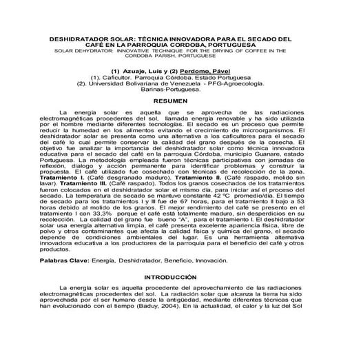 Deshidratador solar para el secado del cafe. azuaje y perdomo