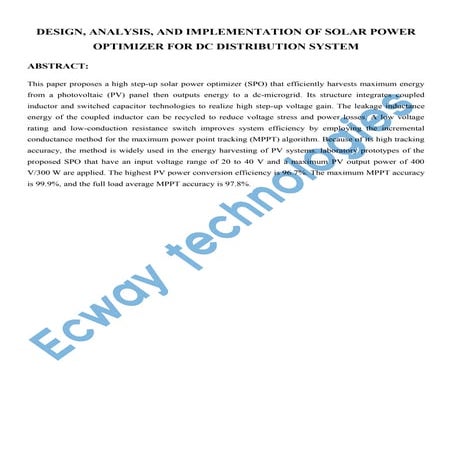 Design, analysis, and implementation of solar power optimizer for dc distribu...