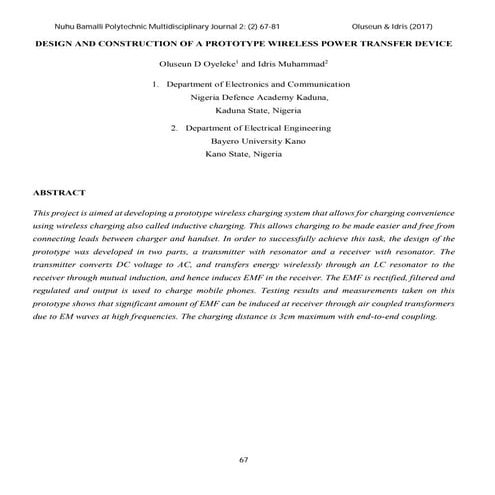 Design and construction of a prototype wireless power transfer device