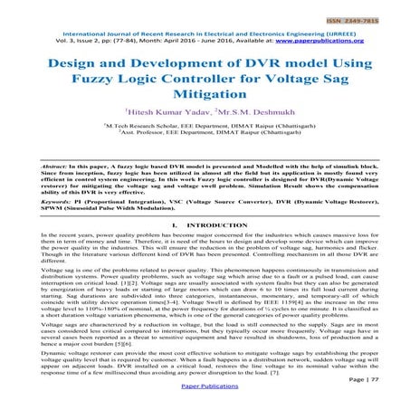 Design and Development of DVR model Using Fuzzy Logic Controller for Voltage ...
