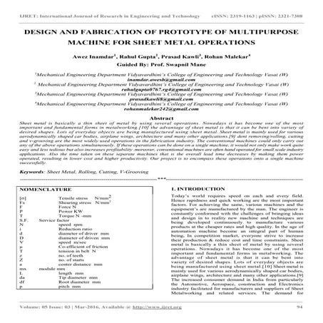 Design and fabrication of prototype of multipurpose machine for sheet metal o...