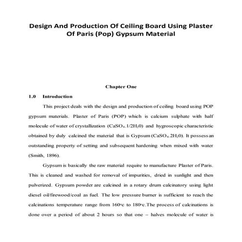 Design And Production Of Ceiling Board Using Plaster Of Paris (Pop) Gypsum Ma...