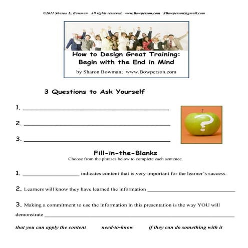 Worksheet for How to Design Great Training: Begin with the End in Mind