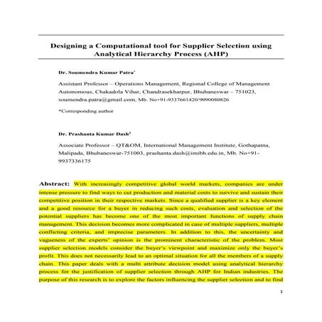 Designing a Computational tool for Supplier Selection using Analytical Hierar...