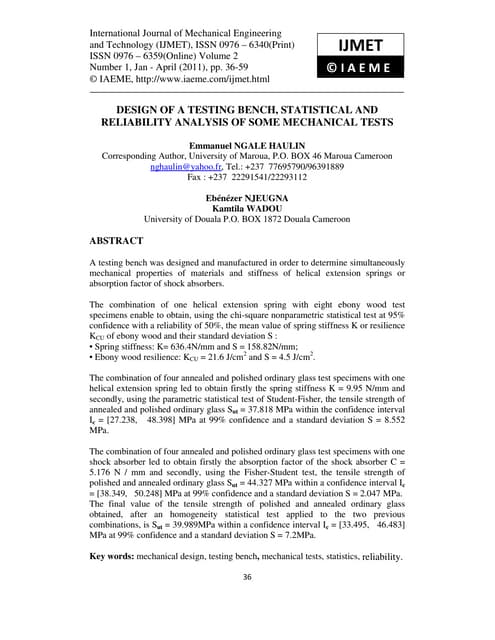 Design of a testing bench, statistical and reliability analysis of some mecha...