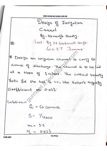 Design of cannal by Kennedy Theory full problem solved