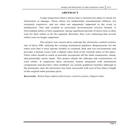 Design Of Fibrication And Pipe Inspection Robot