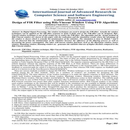 Design of fir filter using rife vincent window using ffd algorithm