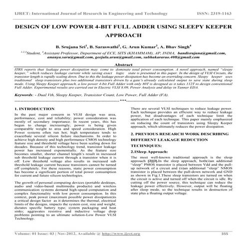 Design of low power 4 bit full adder using sleepy keeper approach