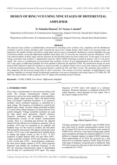 Design of ring vco using nine stages of differential amplifier