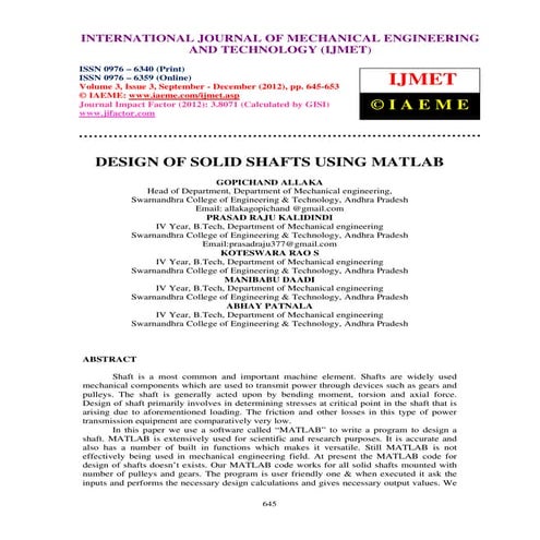 Design of solid shafts using matlab
