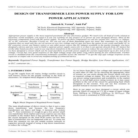 Design of transformer less power supply for low power application | PDF