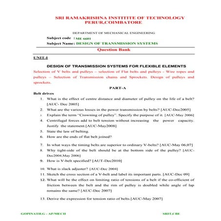 Design of transmission systems question bank  - GG