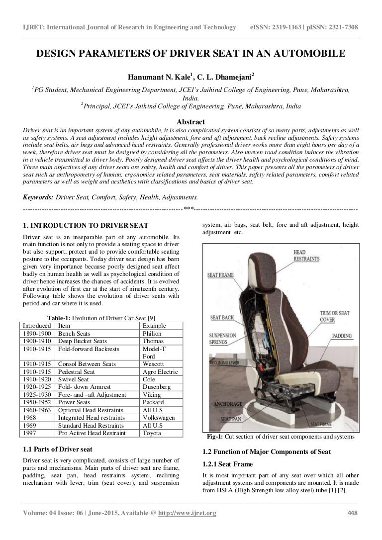 Design parameters of driver seat in an automobile