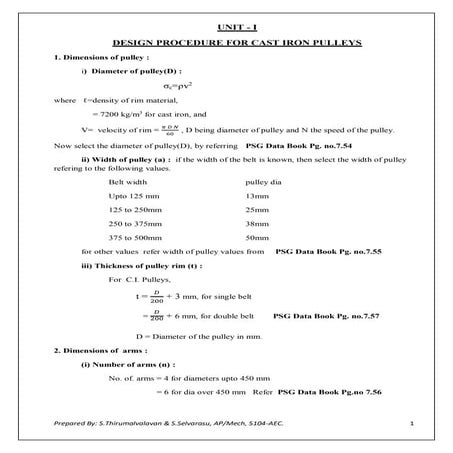 Design procedure for Cast iron pulley, Flat belt drive, V belt drive, Chain d...