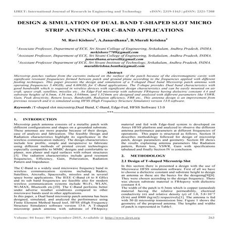 Design &amp; simulation of dual band t shaped slot micro strip antenna for c-...