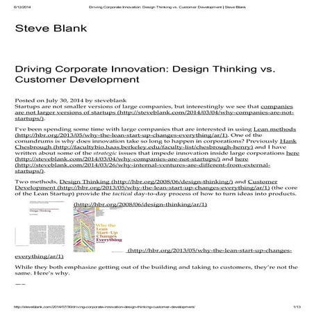 Design thinking vs. Customer Development - Steve Blank