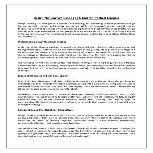 Design Thinking Workshops as a Tool for Practical Learning | PDF
