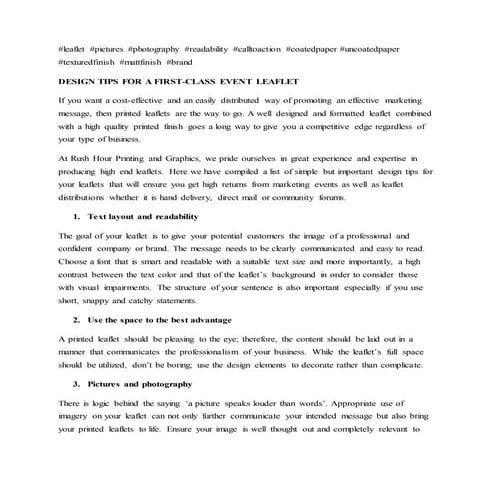 DESIGN TIPS FOR A FIRST-CLASS EVENT LEAFLET BY RUSH HOUR PRINTING AND GRAPHICS 