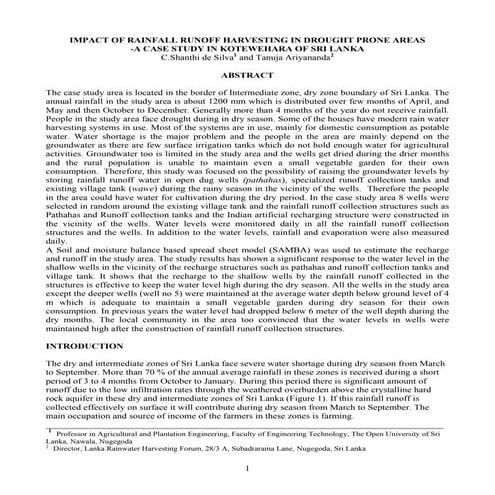 Sri Lanka;  Impact of Rainfall Runoff Harvesting in Drought Prone Areas