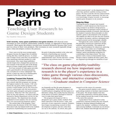 Playing to Learn Teaching User Research to Game Design Students by Heather De...