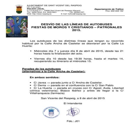 Desvío autobuses FiestasSVR Moros y Cristianos San Vicente del Raspeig 2015