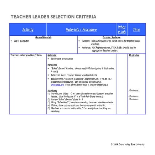 Detailed  Agenda  T S L  Selection  Criteria Formatted