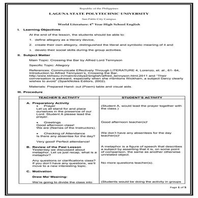 Detailed lesson plan - Crossing the Bar - giocosovivace