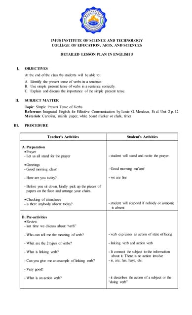 Detailed lesson plan for simple tense of verbs 5