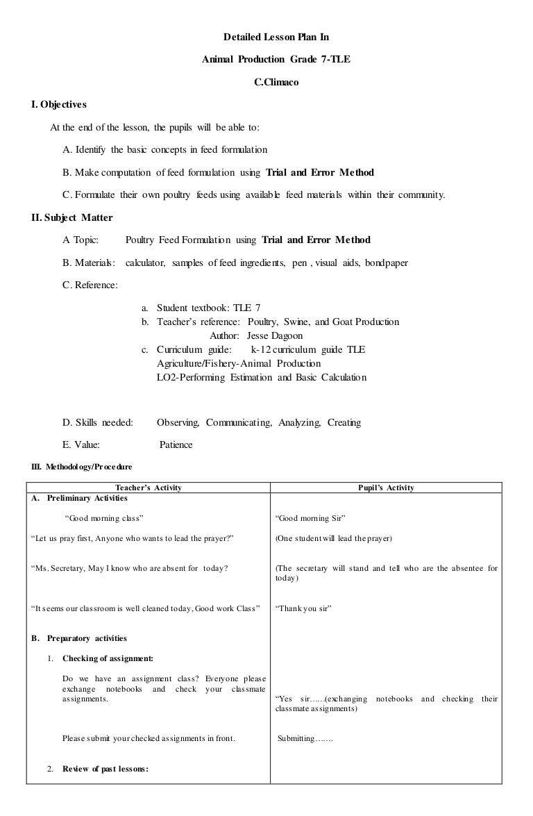 Detailed lesson plan in Animal Production