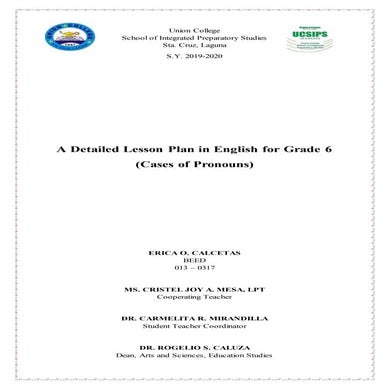 Detailed Lesson Plan in English for Grade 6 Cases of Pronouns