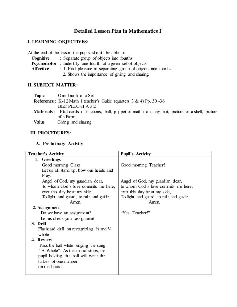 Detailed Lesson Plan In Mathematics I Detailed Lesson Plan In Mathematics I