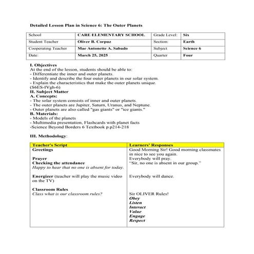 THE GRADE- 6 COT- SOLAR SYSTEM LESSON PLAN | DOCX