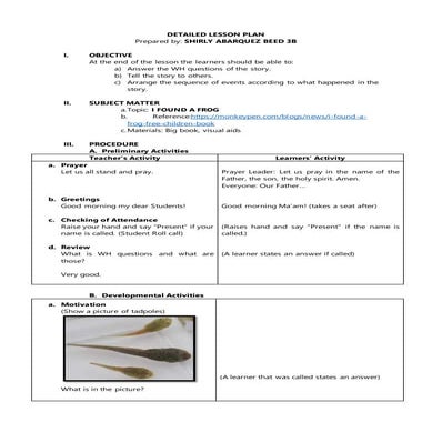 Detailed lesson plan on I found a frog