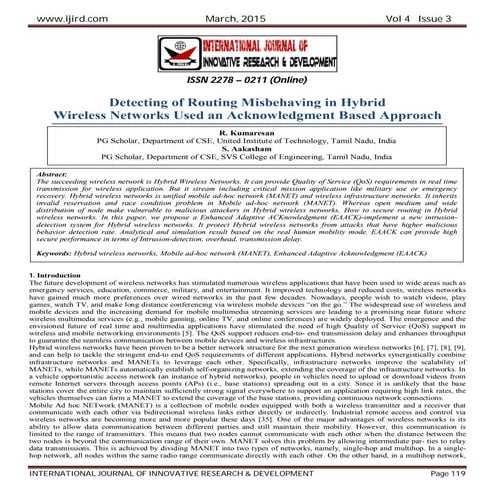 Detecting of routng misbehavion in hybrid wireless networks used and acknowle...