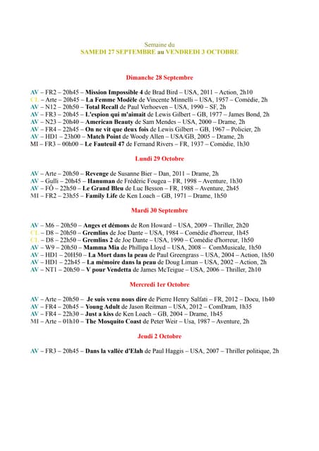 Dé'télé -  semaine du 27 septembre au 3 octobre