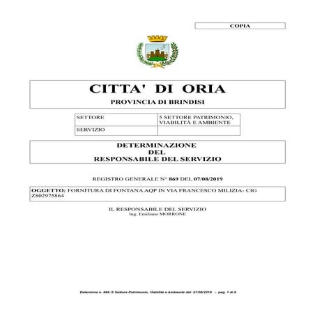 Determina comune Oria fornitura fontana via Milizia