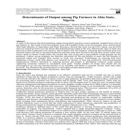 Determinants of output among pig farmers in abia state, nigeria