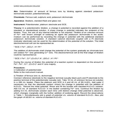Determination of amount of ferrous ions by titrating against standard potassi...
