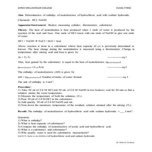 Determination of enthalpy of neutralization of hydrochloric acid with sodium ...