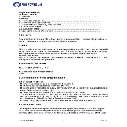 Determination of inertia by load rejection