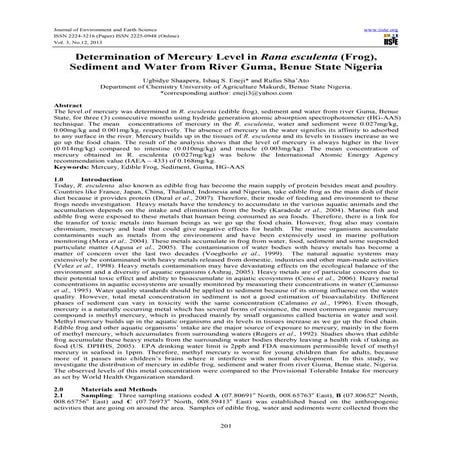Determination of mercury level in rana esculenta (frog), sediment and water f...